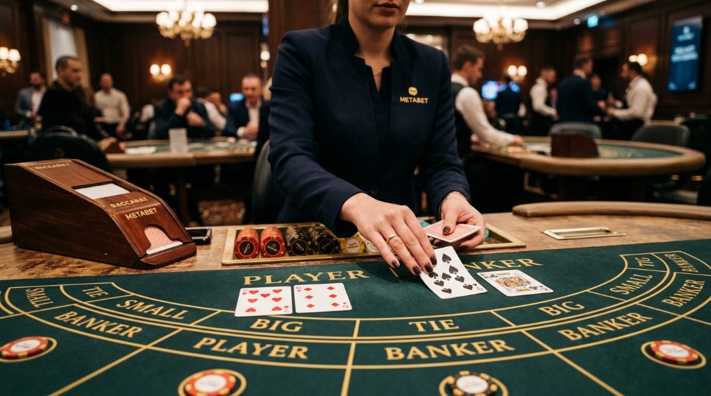 Crupier de Metabet repartiendo cartas en mesa de baccarat