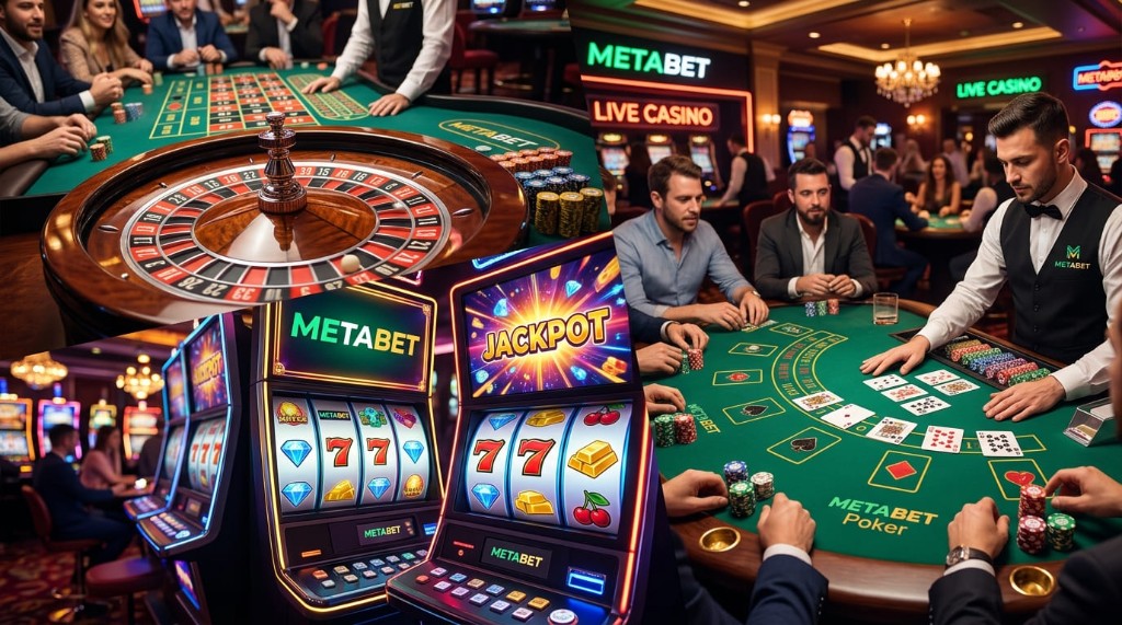 Ruleta, tragamonedas y mesa de póker con branding Metabet